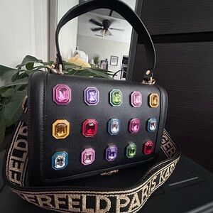 Karl Lagerfeld Black Shoulder Bag with Colorful Gemstones